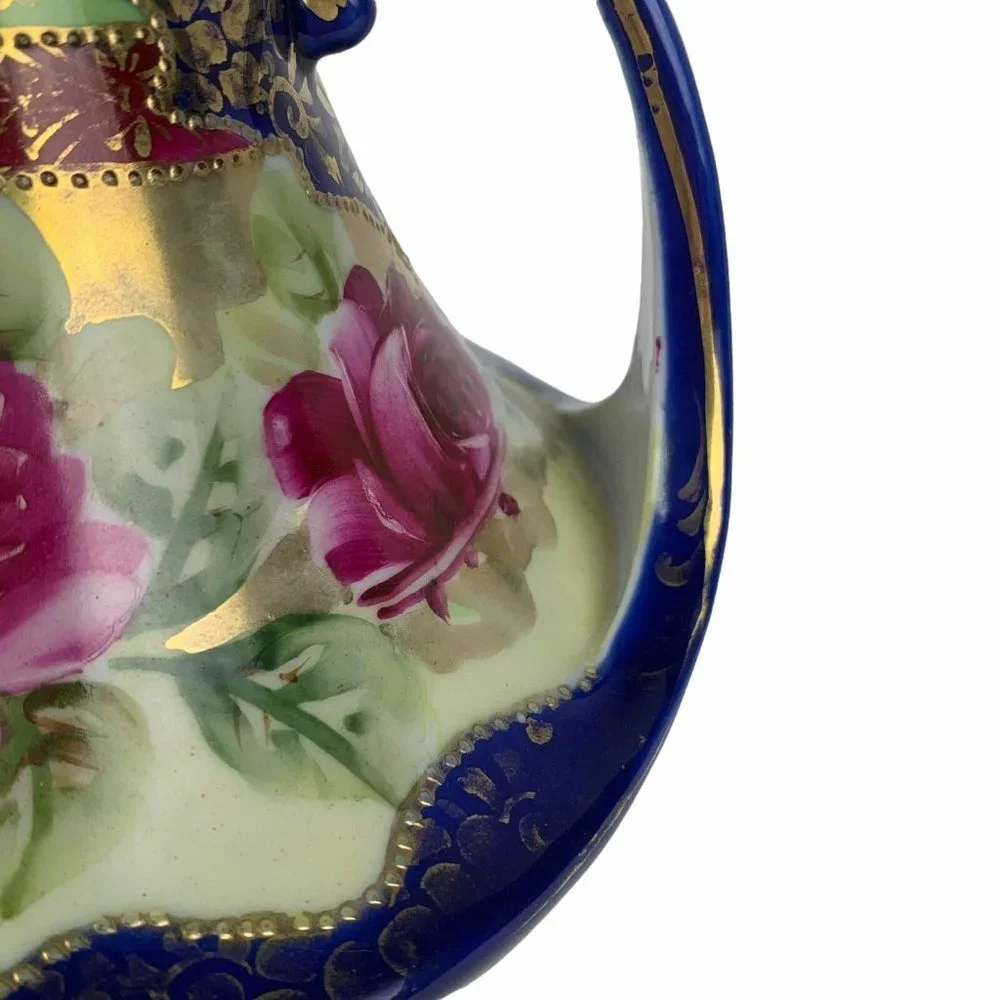 Vintage Handpainted Squat Vase Handles Cobalt Blue Floral Roses Gilded Victorian